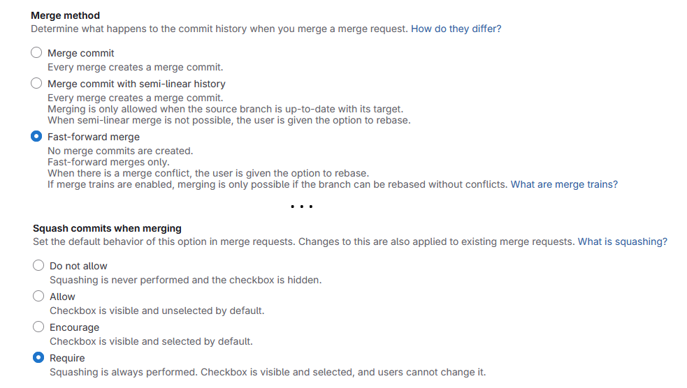 Merge method > Fast-forward merge, Squash commits when merging > Require