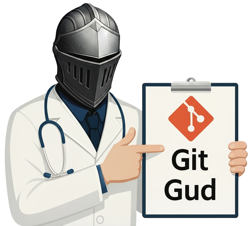 A character wearing a medieval knight's helmet and a doctor's coat, implying a serious approach to getting good at Git.